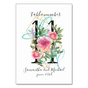 Blush Pink Floral Peony Gold Table Number 11 Sign