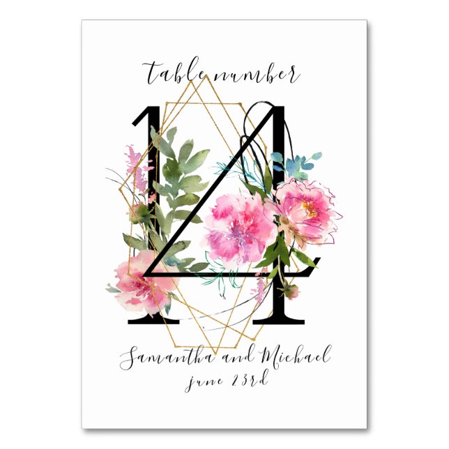 Blush Pink Floral Peony Gold Table Number 14 Sign (Front)