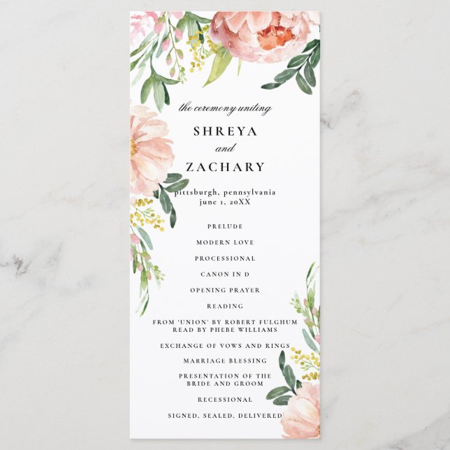 Blush Pink Floral Peony Wedding Ceremony Program (Front)
