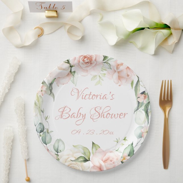 Blush Pink Floral Personalised Baby Shower  Paper Plate (Wedding)
