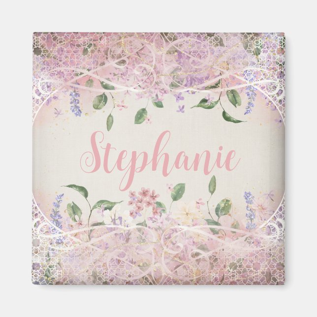 Blush Pink Floral Personalised Name Magnet (Front)