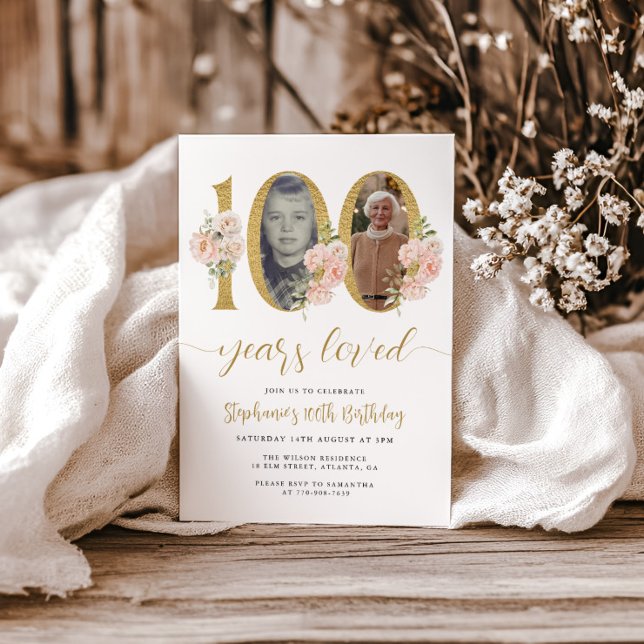 Blush Pink Floral Photo 100th Birthday Invitation (Creator Uploaded)
