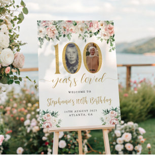 Blush Pink Floral Photo 100th Birthday Welcome Poster