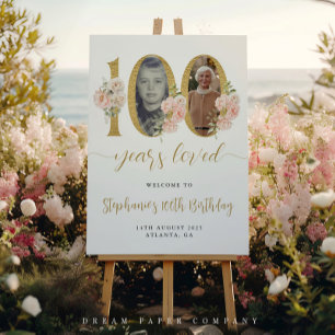 Blush Pink Floral Photo 100th Birthday Welcome Poster