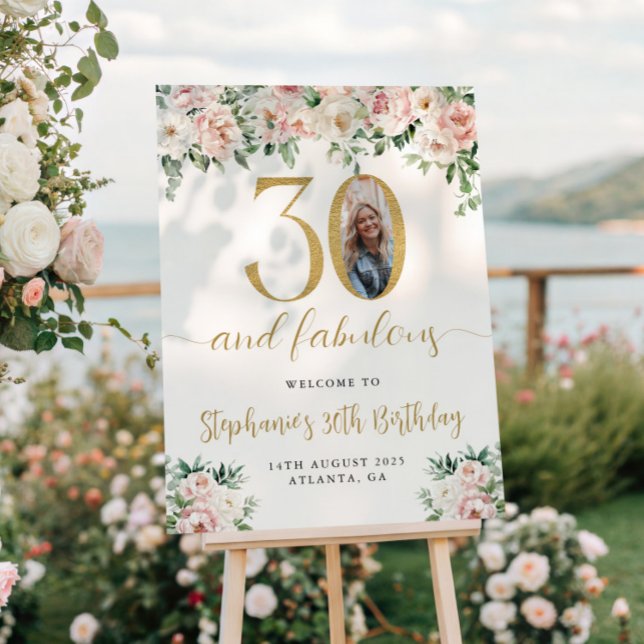 Blush Pink Floral Photo 30th Birthday Welcome Sign (Creator Uploaded)