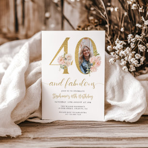 Blush Pink Floral Photo 40th Birthday Invitation