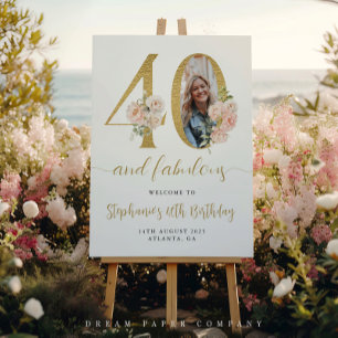 Blush Pink Floral Photo 40th Birthday Welcome Sign