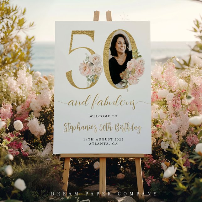 Blush Pink Floral Photo 50th Birthday Welcome Sign (Creator Uploaded)