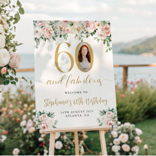 Blush Pink Floral Photo 60th Birthday Welcome Sign