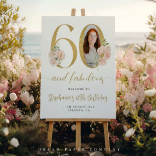 Blush Pink Floral Photo 60th Birthday Welcome Sign