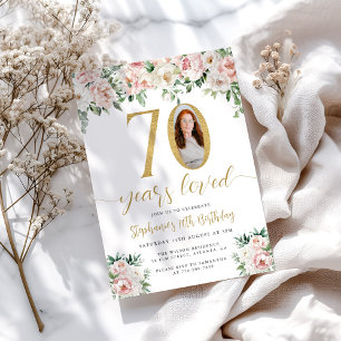 Blush Pink Floral Photo 70th Birthday Invitation