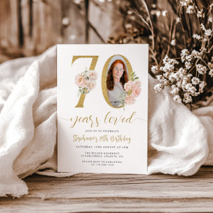 Blush Pink Floral Photo 70th Birthday Invitation