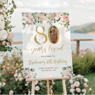 Blush Pink Floral Photo 80th Birthday Welcome Sign