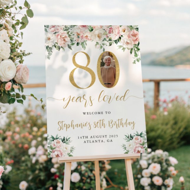 Blush Pink Floral Photo 80th Birthday Welcome Sign (Creator Uploaded)