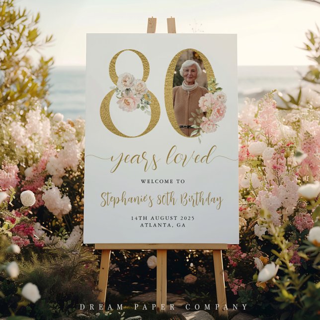 Blush Pink Floral Photo 80th Birthday Welcome Sign (Creator Uploaded)