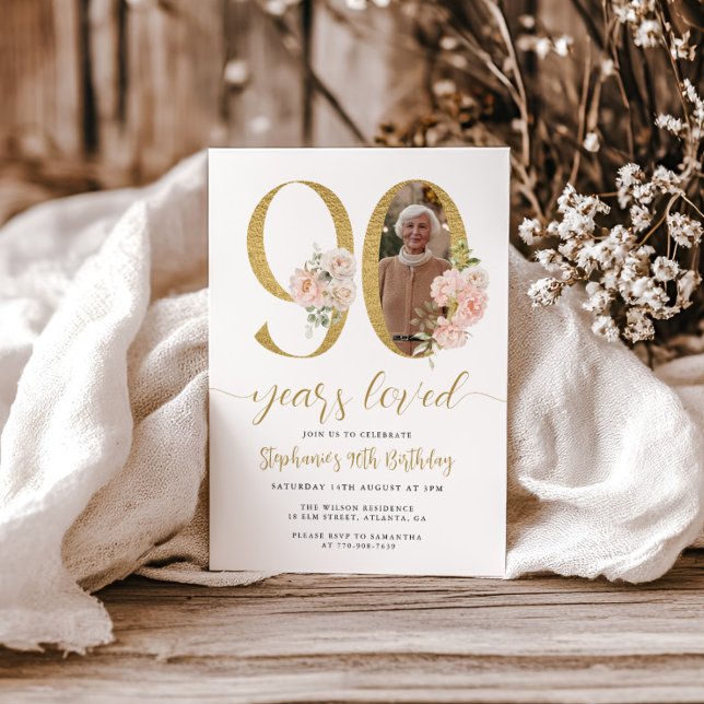 Blush Pink Floral Photo 90th Birthday Invitation (Creator Uploaded)