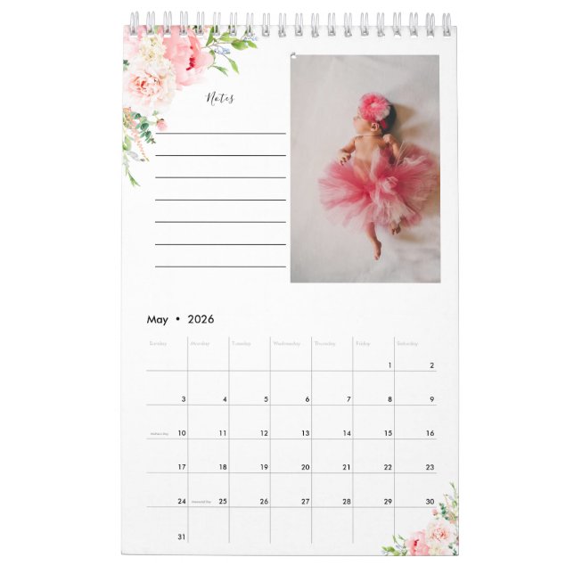Blush Pink Floral Photo Calendar With Notes (May 2026)