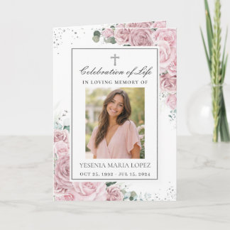 Blush Pink Floral Photo Christian Funeral Memorial Program