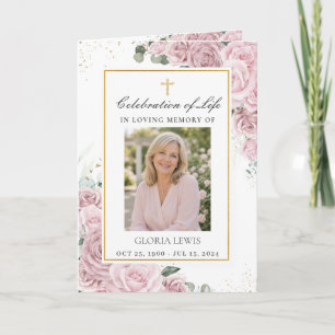 Blush Pink Floral Photo Christian Funeral Memorial Program