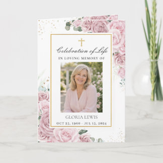 Blush Pink Floral Photo Christian Funeral Memorial Program