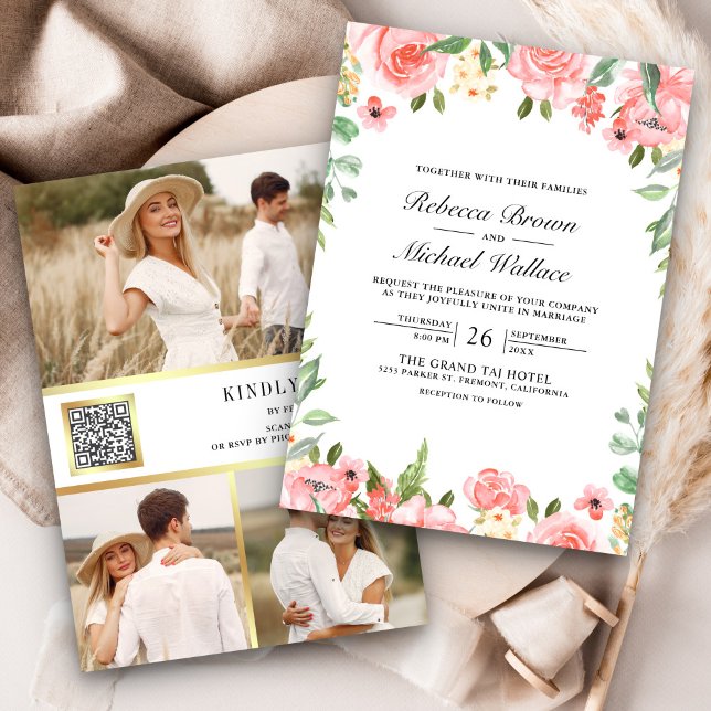 Blush Pink Floral Photo Collage QR Code Wedding Invitation (Creator Uploaded)