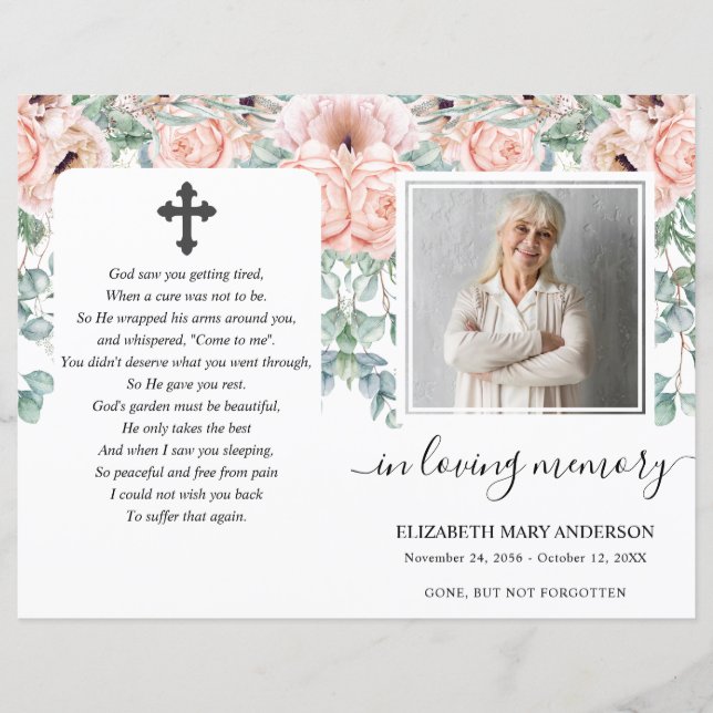 Blush Pink Floral Photo Funeral Full Program (Front)