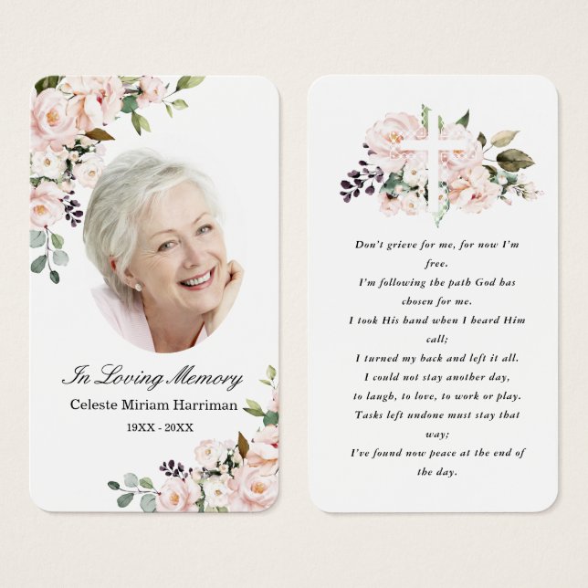 Blush Pink Floral Photo Funeral Prayer Card (Front & Back)