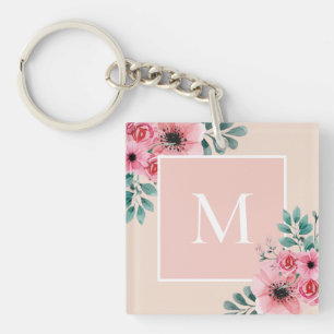 Blush Pink Floral Photo Monogram Key Ring