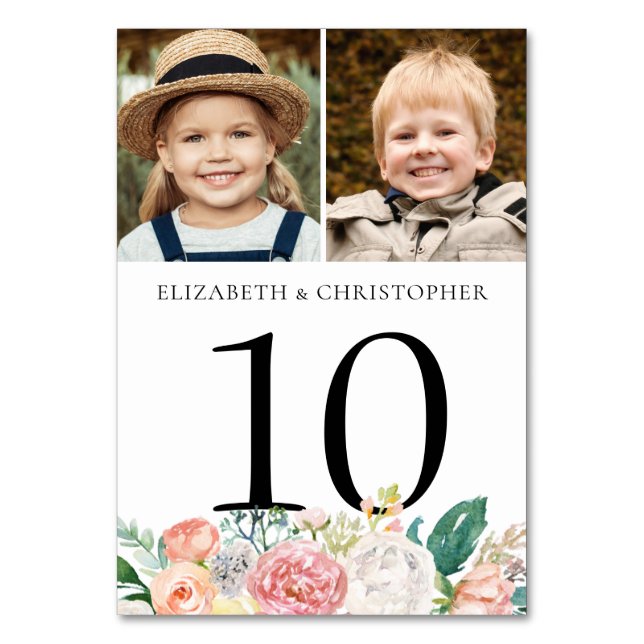 Blush Pink Floral Photo Wedding Table Number Sign (Front)