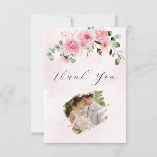 Blush Pink Floral Photo Wedding Thank You Card