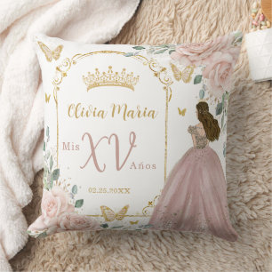 Blush Pink Floral Princess Butterflies Quinceañera Cushion