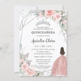 Blush Pink Floral Princess Butterflies Quinceañera Invitation