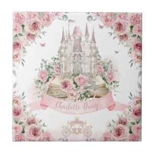 Blush Pink Floral Princess Castle Storybook Book Ceramic Tile