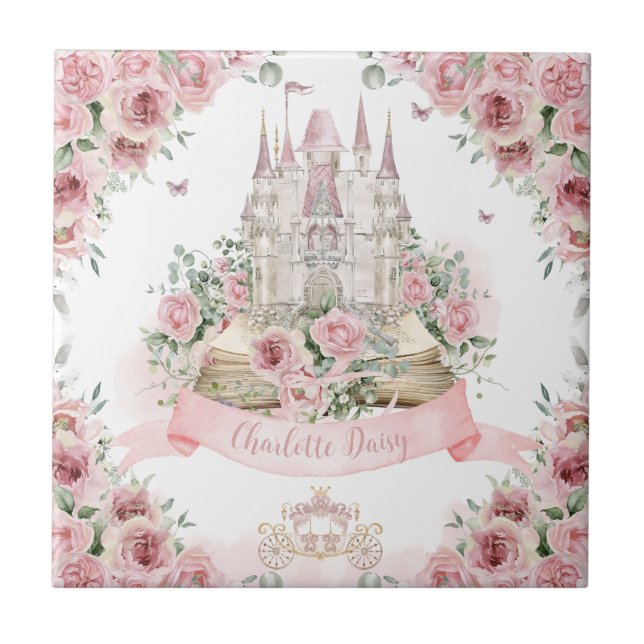 Blush Pink Floral Princess Castle Storybook Book Ceramic Tile (Front)