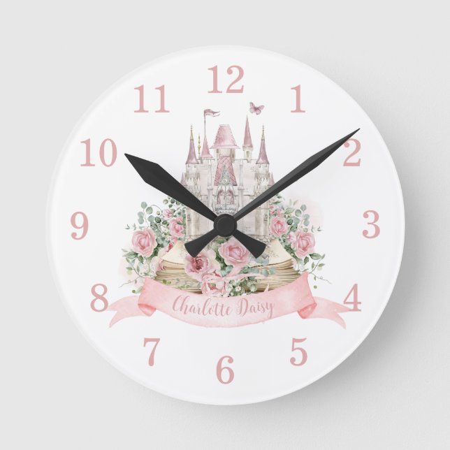 Blush Pink Floral Princess Castle Storybook Decor Round Clock (Front)