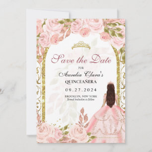 Blush Pink Floral Princess Gold Arch Quinceanera Announcement