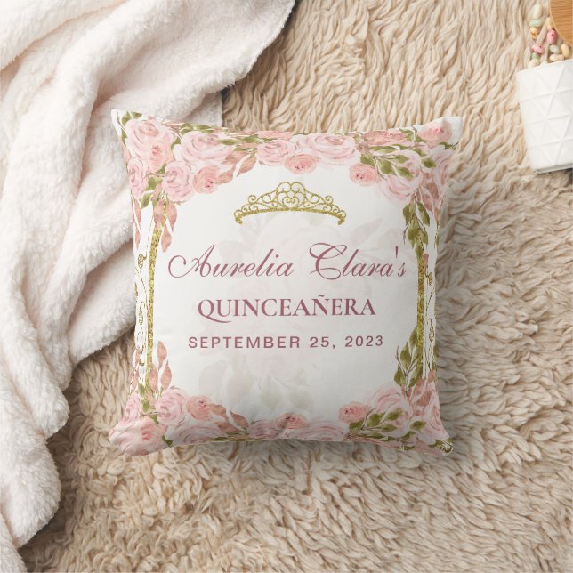Blush Pink Floral Princess Gold Arch Quinceanera Cushion (Blanket)