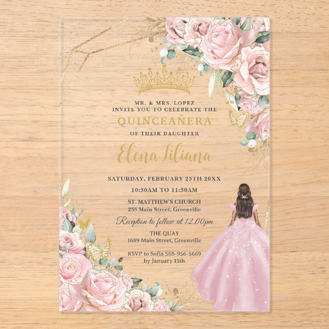 Blush Pink Floral Princess Gold Quinceanera 15 XV Acrylic Invitations (Front)