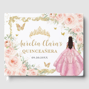 Blush Pink Floral Princess Gold Quinceanera Mis 15 Guest Book