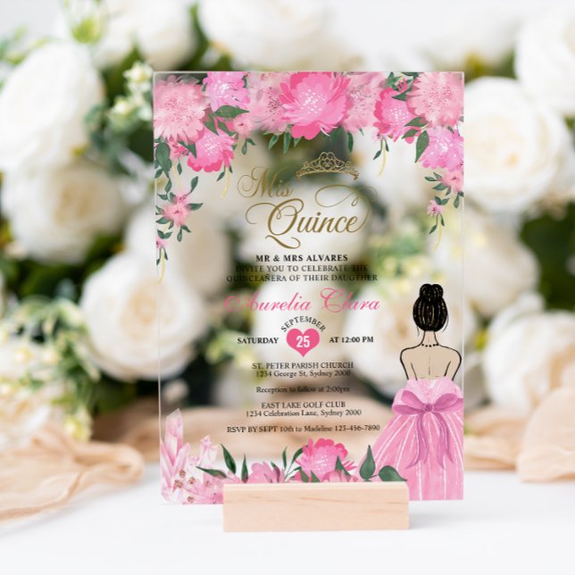 Blush Pink Floral Princess Mis Quince Quinceañera Acrylic Invitations (Creator Uploaded)