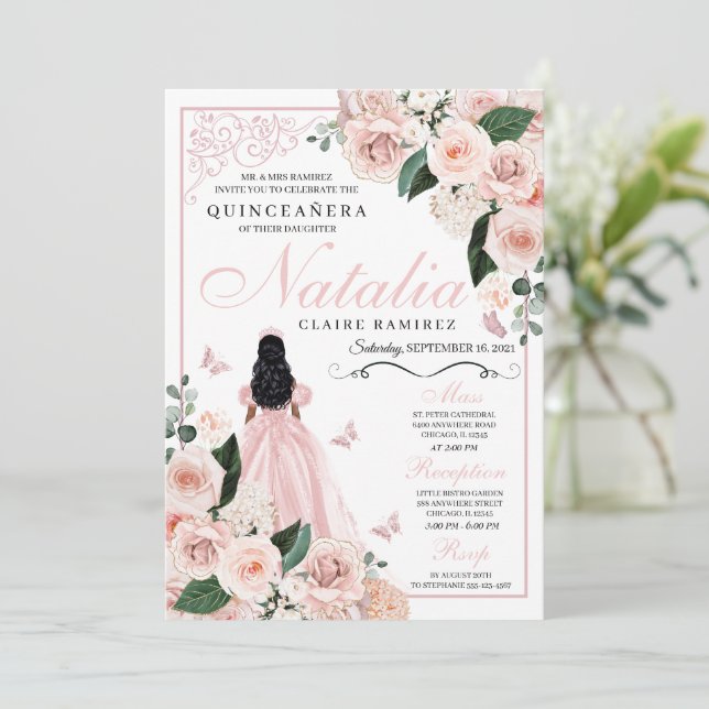 Blush Pink Floral Princess Quinceanera Invitation (Standing Front)