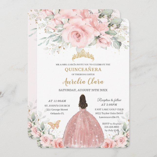 Blush Pink Floral Princess Rose Gold Quinceañera I Invitation (Front/Back)
