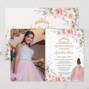 Blush Pink Floral Princess Rose Gold Quinceañera Invitation