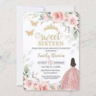 Blush Pink Floral Princess Rose Gold Sweet Sixteen Invitation