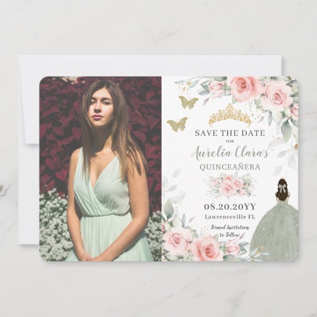 Blush Pink Floral Princess Sage Green Quinceañera  Save The Date (Front)