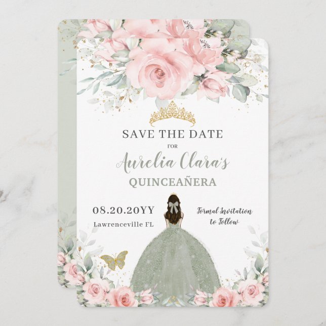 Blush Pink Floral Princess Sage Green Quinceañera  Save The Date (Front/Back)