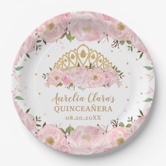 Blush Pink Floral Princess Tiara Crown QUINCEAÑERA Paper Plate (Front)
