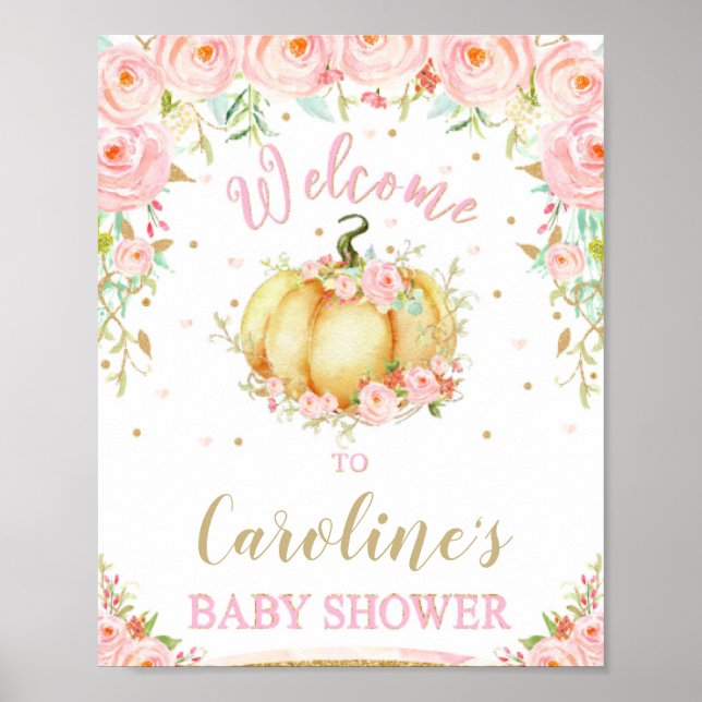 Blush Pink Floral Pumpkin Baby Shower Welcome Sign (Front)