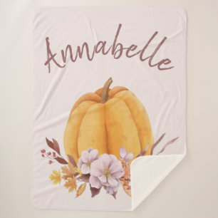 Blush Pink Floral Pumpkin Fall Autumn Name Girls Sherpa Blanket