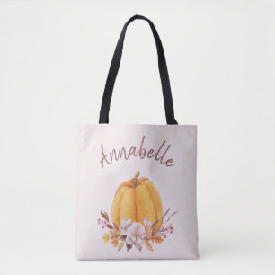Blush Pink Floral Pumpkin Fall Autumn Name  Tote Bag